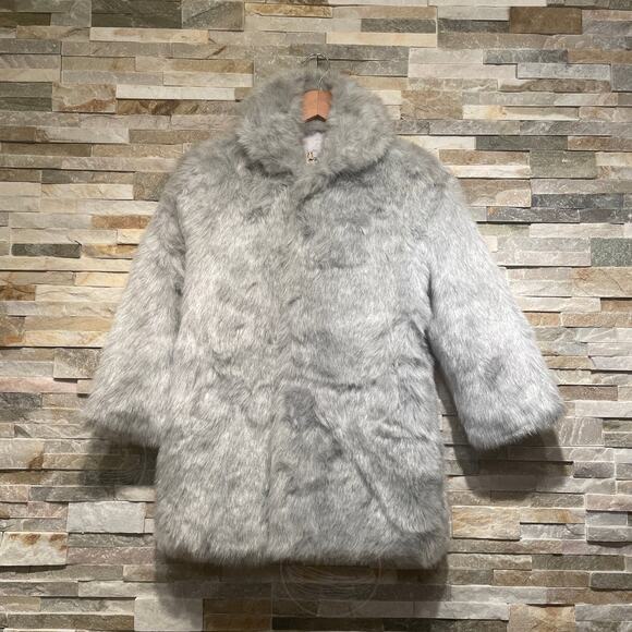 Lyre Bird Vintage Faux Fur Coat | Gray Silver Plush Swing Jacket, Hook Closures - Picture 9 of 9